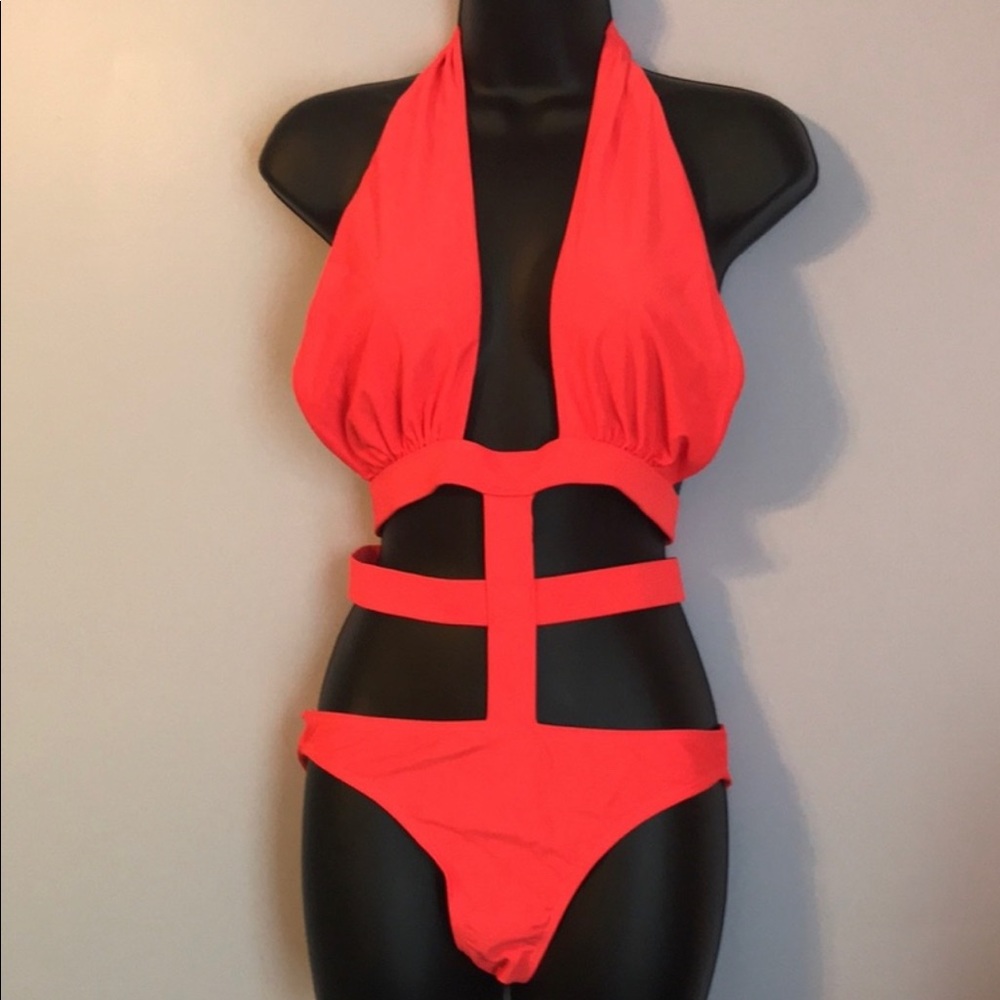 Neon orange strappy bikini one piece bathing suit